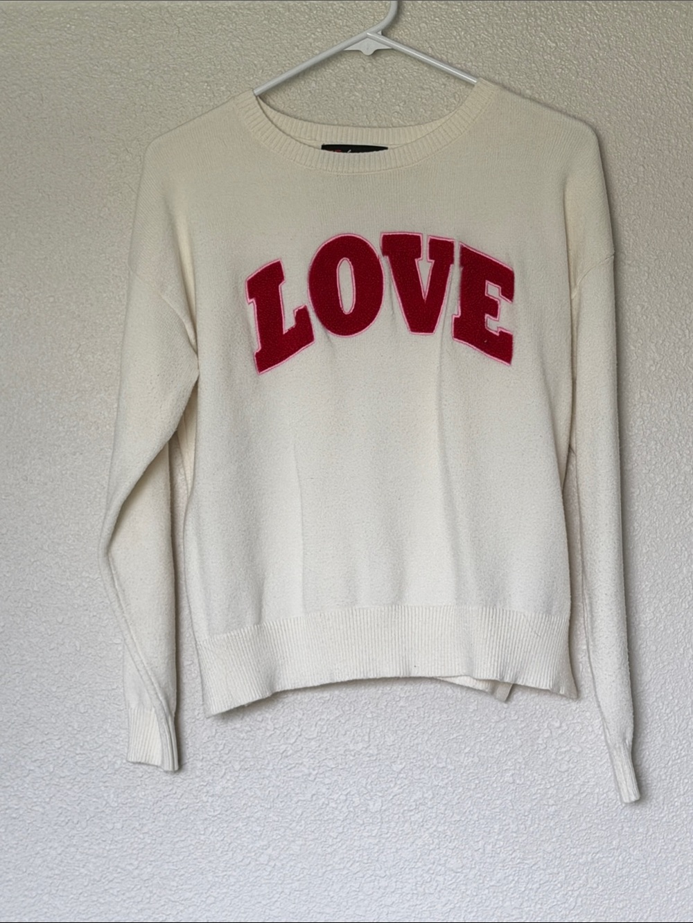 Cream Crewneck Sweater with Pink LOVE Appliqué